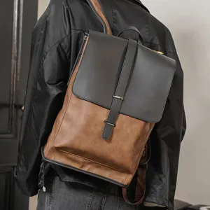 Vintage PU Leather Waterproof Backpack For Men Large Capacity Casual Travel School Laptop Bag Solid Color Color Blocking