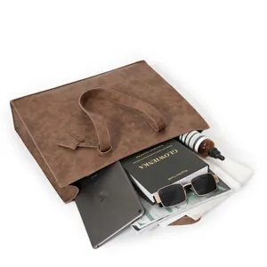 Korean style brown PU leather tote bag large capacity casual shoulder handbag for women