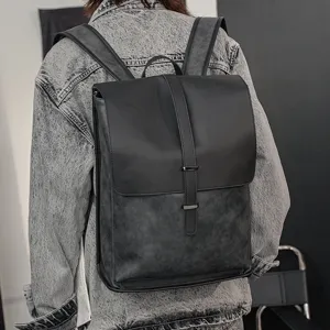 Men vintage PU leather backpack large capacity school bag casual travel rucksack black