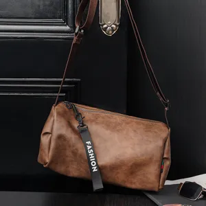 Men Casual PU Leather Crossbody Bag Lightweight Small Round Barrel Messenger Bag Waterproof Urban Minimalist Shoulder Bag