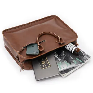 Vintage brown leather briefcase laptop messenger bag for men business casual handbag.