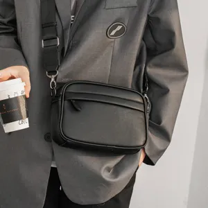 Men black PU leather crossbody bag minimalist single shoulder chest bag fashion style