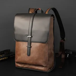 Vintage PU leather men's backpack with flap closure, stylish casual travel school rucksack.