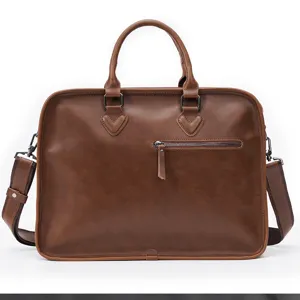 Classic retro brown leather business briefcase, professional men's laptop shoulder bag.