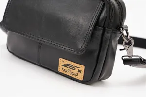 Black leather messenger bag detail view, retro square crossbody bag with metal hardware.