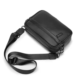 Men black PU leather crossbody bag casual stylish single shoulder messenger bag for daily use.