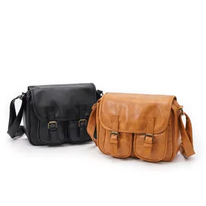 Vintage retro leather crossbody shoulder bag casual messenger bag with dual front pockets.