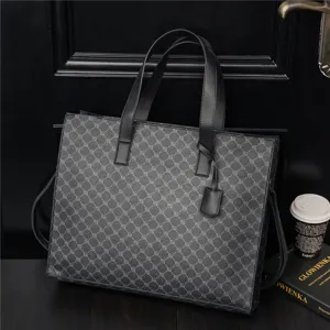 Black PU leather tote bag with stylish repeating monogram pattern, double handles.