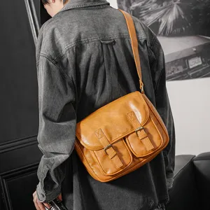 Men's PU Leather Crossbody Bag Vintage Casual Street Trend Shoulder Bag Waterproof Small Square Bag For Travel