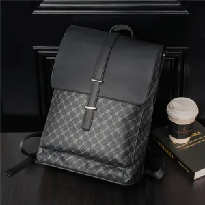 Stylish black leather and monogram canvas backpack for men, casual fashion school rucksack.