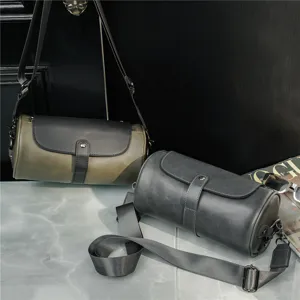 Retro cylindrical shoulder bag detail, stylish PU leather crossbody bag for men and women.