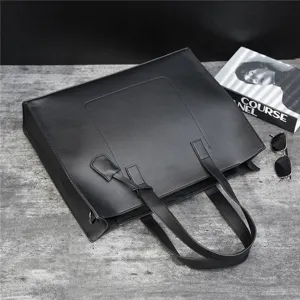 Black PU leather tote bag with zipper, stylish large capacity shoulder handbag for daily use.