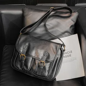 Vintage leather messenger bag for men women casual crossbody shoulder bag retro street style