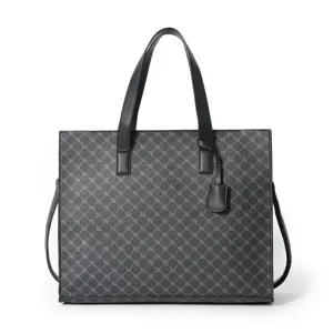 PU leather tote bag detailed view showcasing classic monogram pattern and premium black handles.
