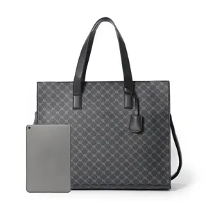 Classic grey PU leather tote bag detail view with handles and size reference tablet.