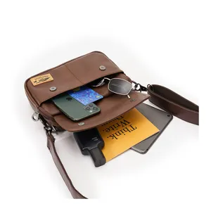 Men vintage PU leather messenger bag casual crossbody shoulder bag with multi-pocket design