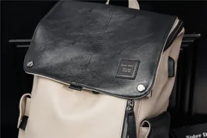 Uomo moda PU pelle contrasto colore zaino con patta, elegante casual viaggio borsa pc.