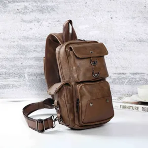 Mens vintage PU leather sling bag casual multi-pocket chest cross body backpack dark brown