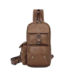 Brown leather sling bag for men casual chest crossbody backpack multi pocket stylish daypack
