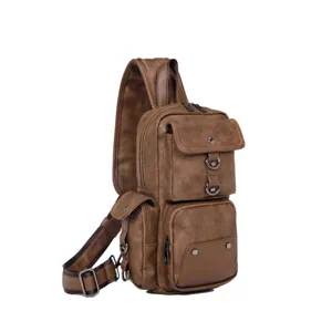 Men vintage brown leather sling bag multi pocket outdoor casual chest shoulder crossbody bag