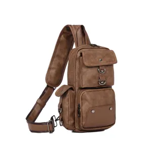 Men brown PU leather sling chest bag detail, casual vintage cross body backpack with pockets.