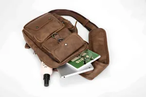 Men's casual chest bag vintage PU leather sling backpack multi-pocket outdoor crossbody bag