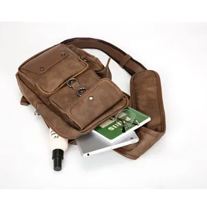 Men casual leather chest bag, stylish sling backpack with large capacity for daily outdoor travel.