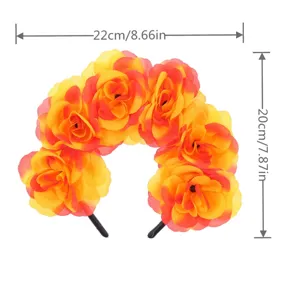 Artificial rose flower headband detail showing product dimensions width and height for festival party.