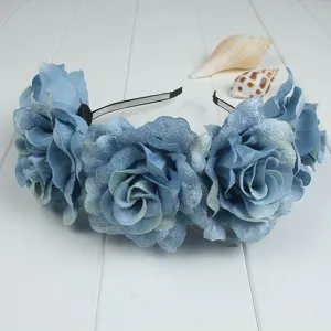 Blue fabric rose flower headband vintage diamond velvet hair hoop for photography and parties