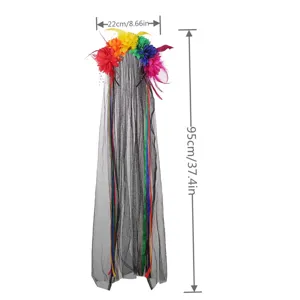 Halloween floral headband with long black mesh veil, colorful party feather hair accessory.