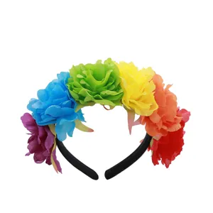 Diadema de flores de arcoíris, accesorio de pelo floral de poliéster para fiesta y cosplay.