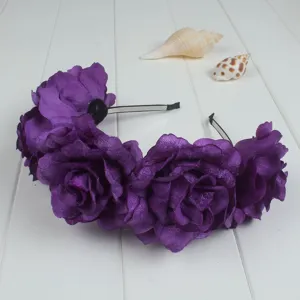 Purple fabric rose flower headband vintage diamond velvet hair hoop for women photography props