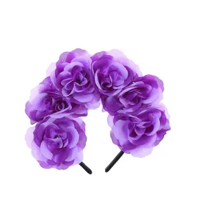 Purple rose flower headband for festival party, elegant floral hair accessory for women.