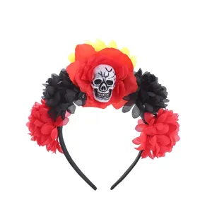 Halloween Skull Artificial Flower Headband Goth Style Polyester Fabric Hair Hoop For Festival Party Women Headwear