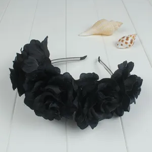 Black fabric rose flower headband vintage diamond velvet hair accessory for women girls party 8cm