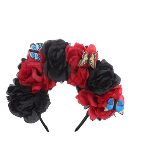 Halloween rot schwarz Rosen Haarreif mit bunten künstlichen Schmetterlingen Party Haarschmuck