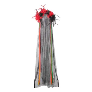 Halloween party feather mesh veil headband, black floral headpiece with colorful ribbons.