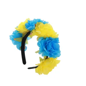 Diadema floral azul y amarilla, tocado de pelo con flores artificiales para fiesta.