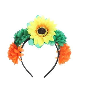 Halloween party floral headband with yellow sunflower, green and orange simulation flowers for women.