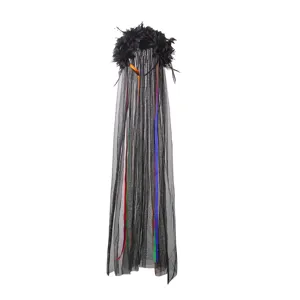 Black Halloween feather headband with long mesh veil and colorful ribbons for party dress.