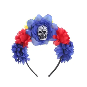 Halloween floral skull headband festival party costume hair hoop blue red flowers