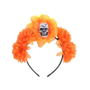 Halloween skull headband with orange artificial marigold flowers, perfect party costume hair hoop.
