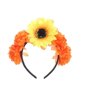 Sunflower and orange flower headband, festive party hair accessory for Halloween and events.