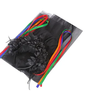 Halloween black feather floral headband with colorful ribbons and mesh fabric for party dress up