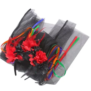 Halloween feather artificial flower black mesh headband with colorful ribbons for party detail