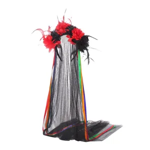 Halloween floral feather headband with long black mesh veil and colorful ribbons party hair hoop