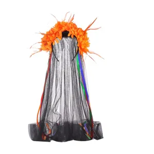 Halloween party mesh veil headband with orange artificial flowers, feathers and colorful ribbons.