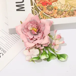 Pince à cheveux fleur de pivoine en tissu artificiel bohème pour chapeau de paille
