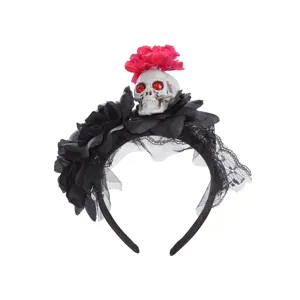 Halloween skull rose lace headband with sparkling red rhinestone eyes for party dress up.