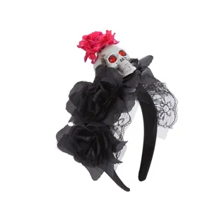 Halloween gothic skull headband detail showing black lace roses and sparkling crystal eyes.